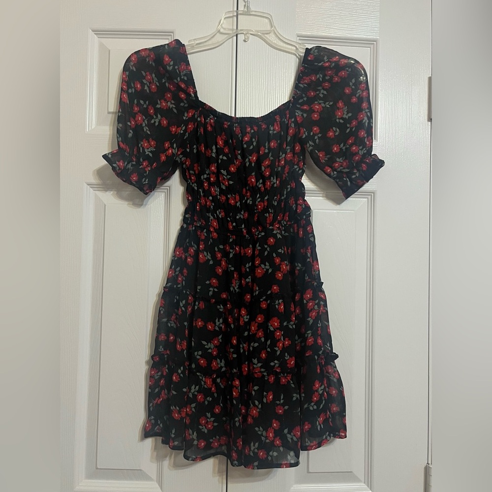 Black Dress with Red Floral Design